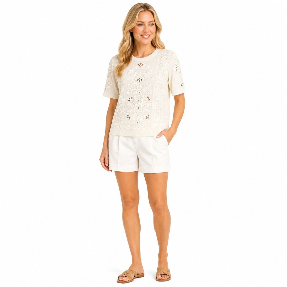 Tory Burch Sweater Womens S Ivory Floral Eyelet Short Sleeve Crew Neck Knit Top